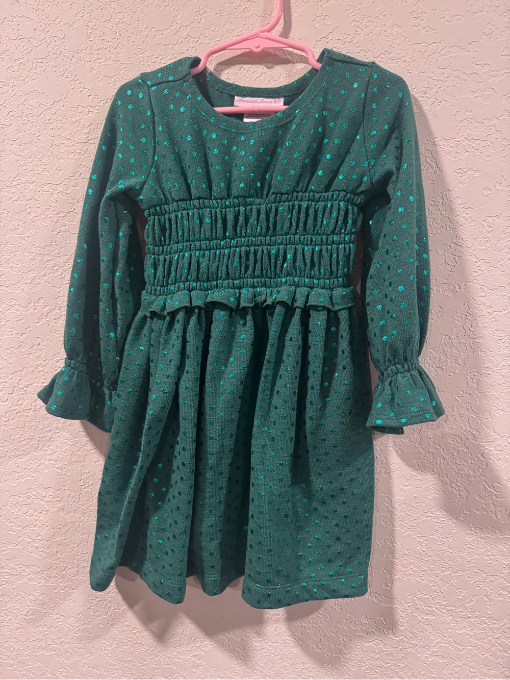 Bonnie Jean Green Smocked Long Sleeve Dress